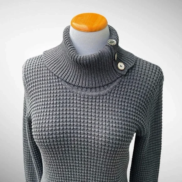 Calvin Klein Gray Turtleneck Long-Sleeve Sweater with Button Detail - Picture 6 of 12